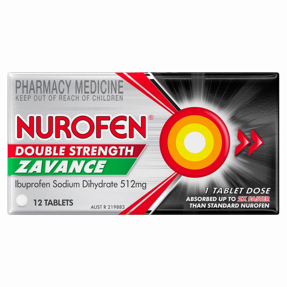 A box of Nurofen Zavance double strength tablets, a pharmacy medicine containing ibuprofen sodium dihydrate 512mg, 12 tablets, to be kept out of reach of children.