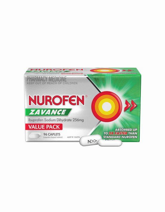 A box of Nurofen Zavance caplets, a pharmacy medicine containing ibuprofen sodium dihydrate 25mg.
