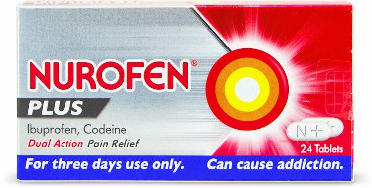 A box of Nurofen Plus tablets, a medication for pain relief.