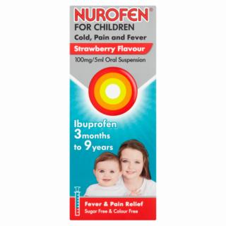 A box of Nurofen for Children, a strawberry-flavored oral suspension containing 100mg/5ml of ibuprofen, for ages 3 months to 9 years.