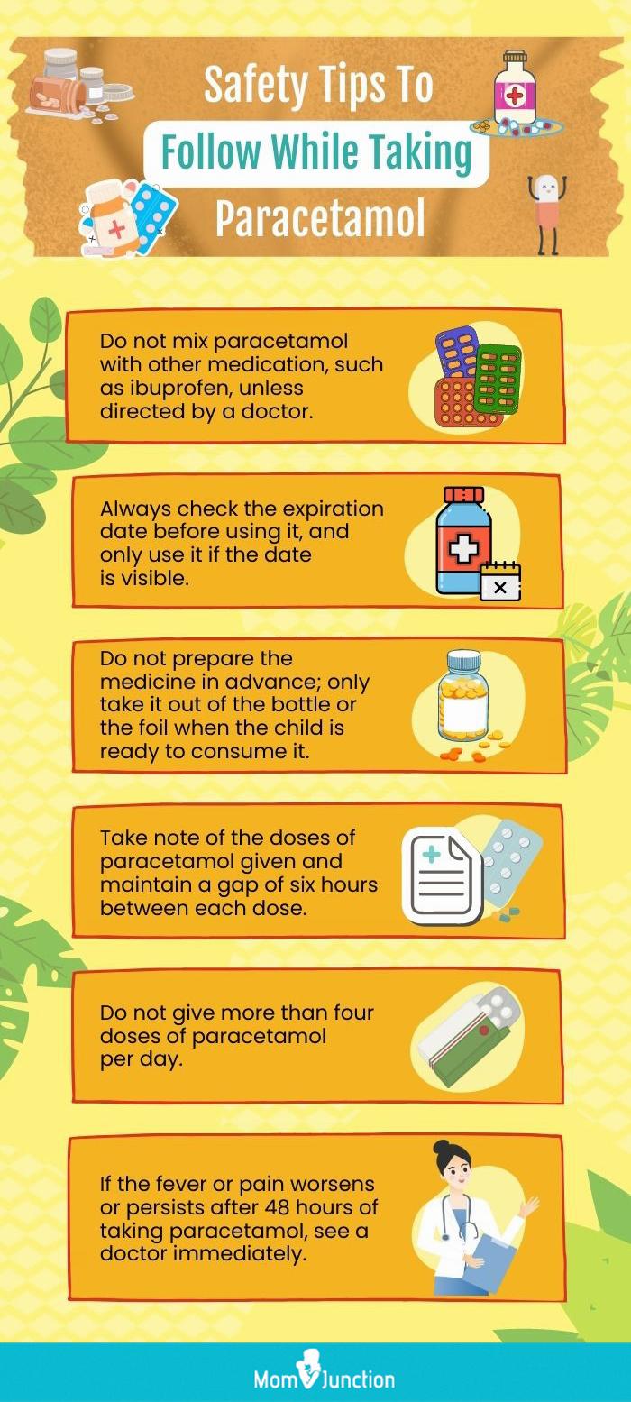 A list of safety tips to follow while taking paracetamol, including not mixing it with other medications, checking the expiration date, not preparing it in advance, taking note of the doses given, not giving more than four doses per day, and seeing a doctor if the fever or pain worsens or persists after 48 hours.