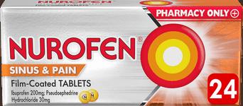 A box of Nurofen Sinus & Pain tablets, a pharmacy-only medicine for sinus and pain relief.
