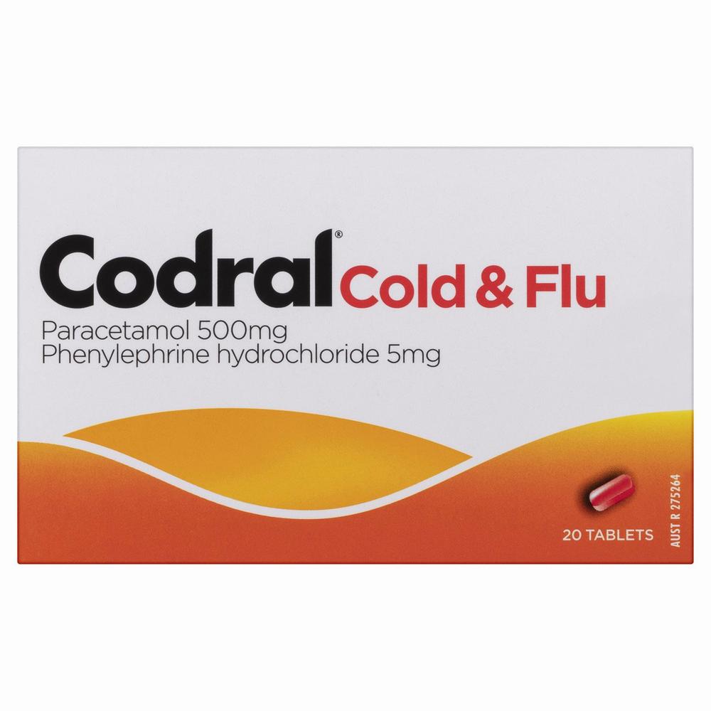 A red and orange box of Codral Cold & Flu tablets.
