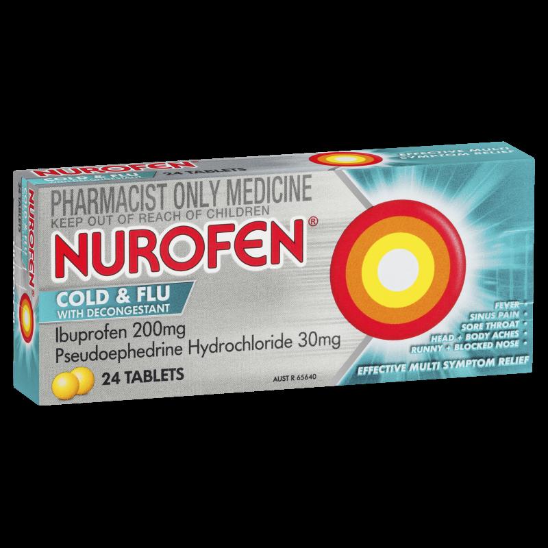 A box of Nurofen Cold & Flu tablets, a decongestant and pain reliever.