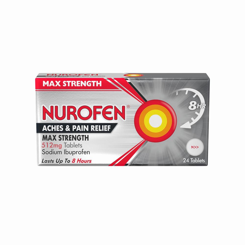 A red and white box of Nurofen Max Strength tablets, a medication for pain relief.