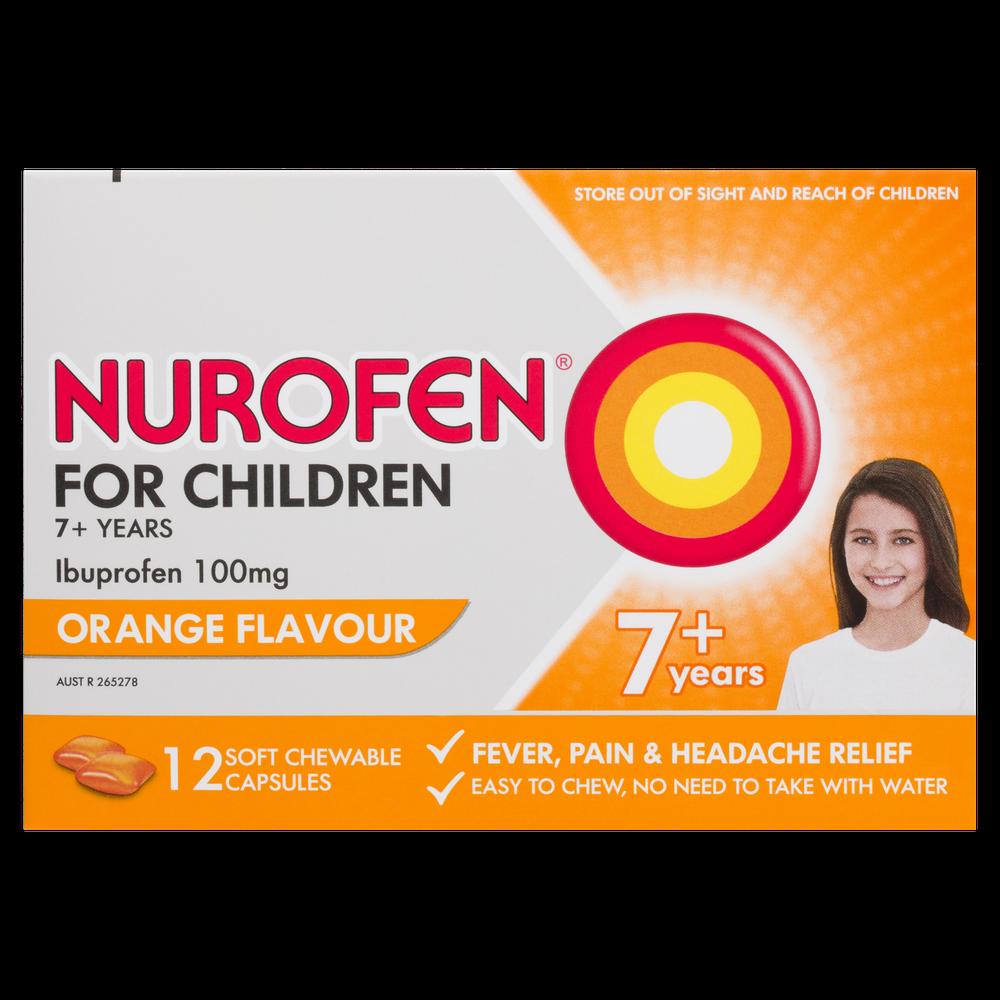 A box of Nurofen for Children, a medicine for kids aged 7 and up, in orange flavor, with 12 soft, chewable capsules.