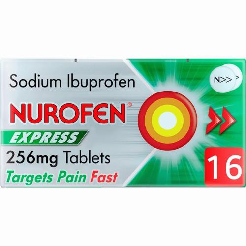 A green and white box of Nurofen Express 256mg tablets.
