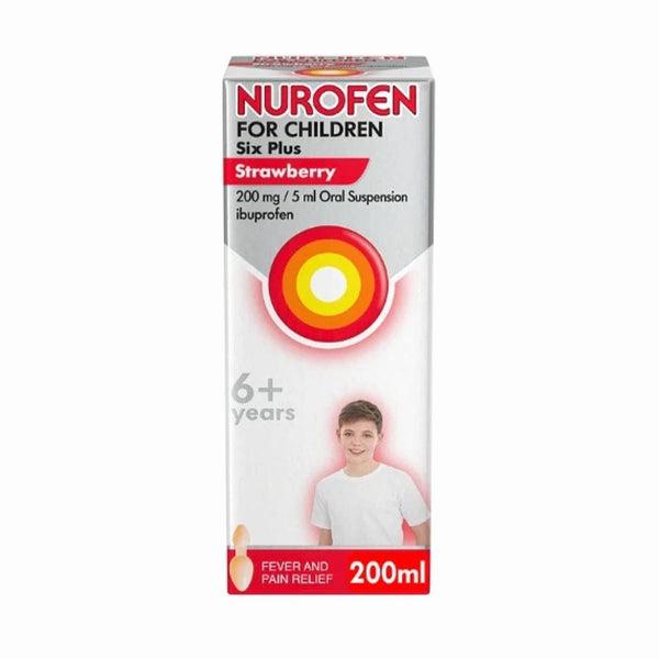 A box of Nurofen for Children Six Plus, a strawberry-flavored oral suspension of ibuprofen for pain and fever relief in children aged 6 and over.