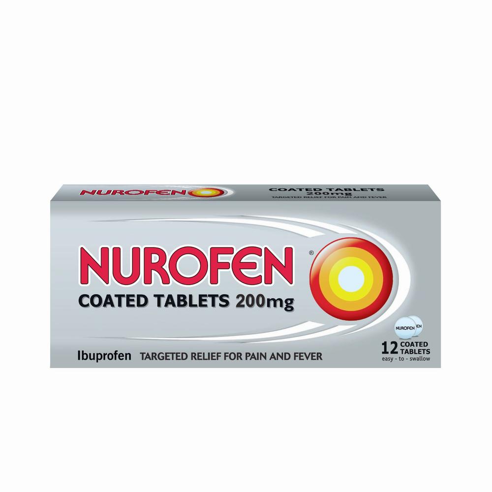 A box of Nurofen coated tablets, a medication used to relieve pain and fever.