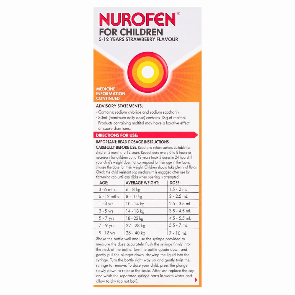 A box of Nurofen for Children, a strawberry-flavored medication for pain relief in children ages 5-12.