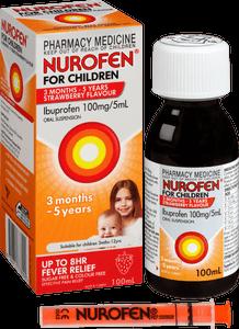 A box and bottle of Nurofen for Children, a strawberry-flavored ibuprofen oral suspension for kids aged 3 months to 5 years.