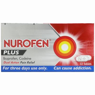 A red and silver box of Nurofen Plus tablets, a medication for pain relief.