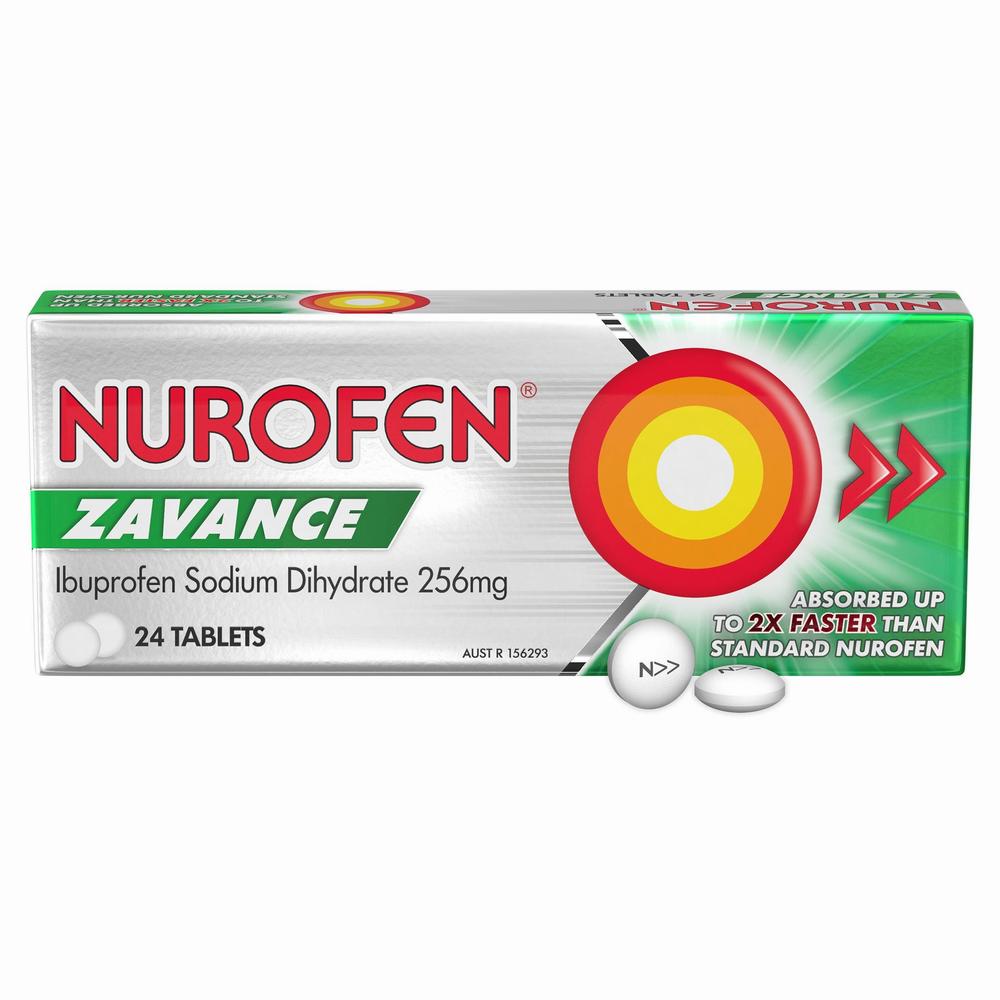 A green and white box of Nurofen Zavance, a medication for pain relief.