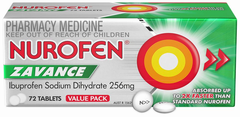A green and white box of Nurofen Zavance, a pharmacy medicine containing 72 tablets of ibuprofen sodium dihydrate 256mg.