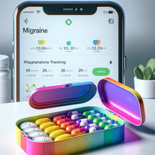 A rainbow-colored pill case with various pills inside sits in front of a smartphone with a migraine tracking app on the screen.