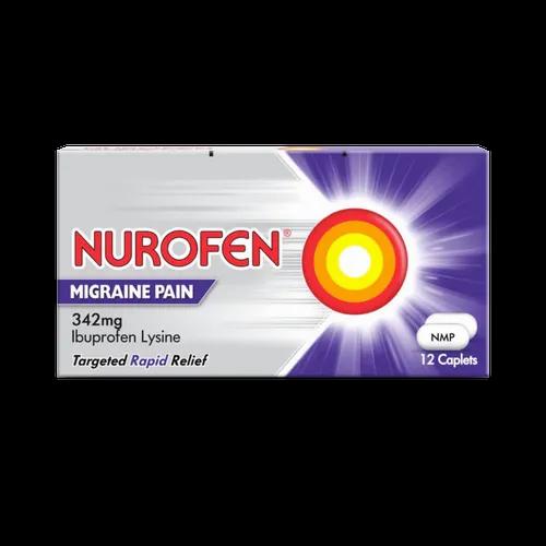 A purple and yellow box of Nurofen Migraine Pain tablets.