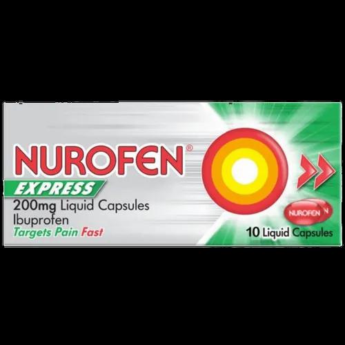 A box of Nurofen Express 200mg ibuprofen liquid capsules, which targets pain fast.