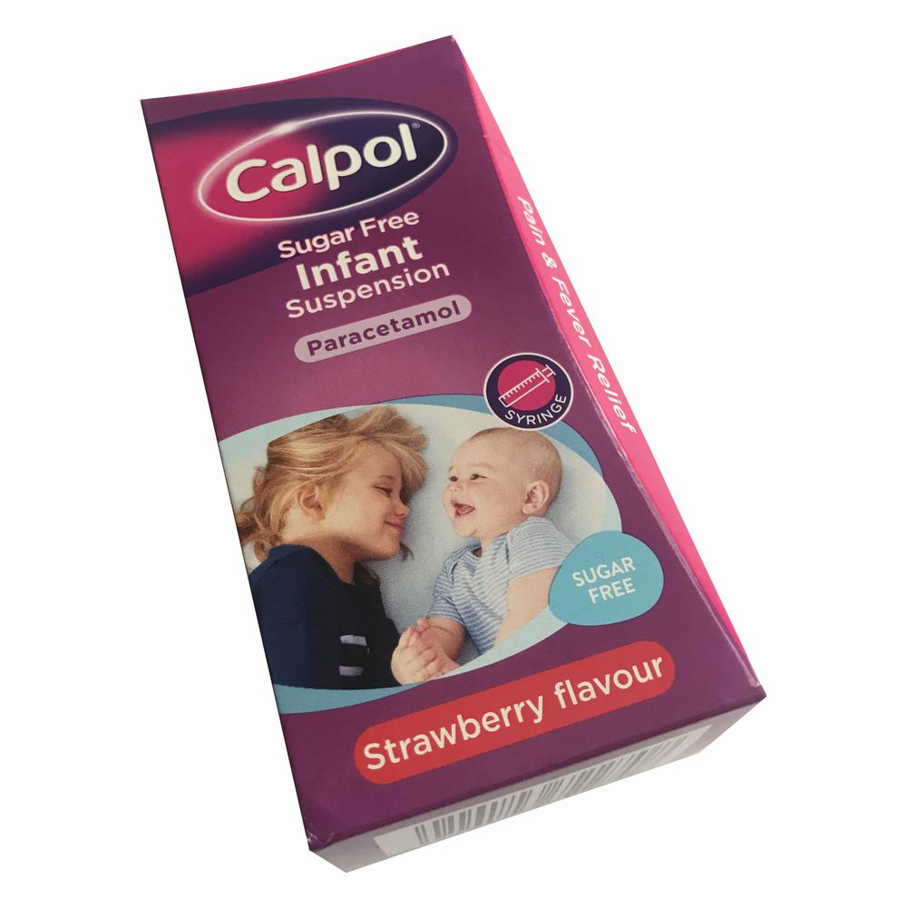 A box of Calpol Infant Suspension Paracetamol, a sugar-free strawberry-flavored pain and fever relief medication for infants.