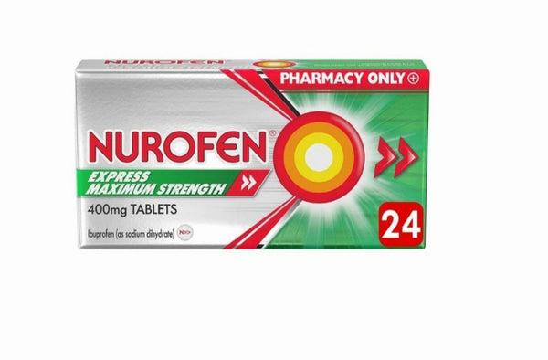 A green and silver box of Nurofen Express Maximum Strength 400mg tablets, a pharmacy-only medicine for pain relief.