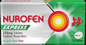 A green and white box of Nurofen Express 25mg ibuprofen sodium tablets.