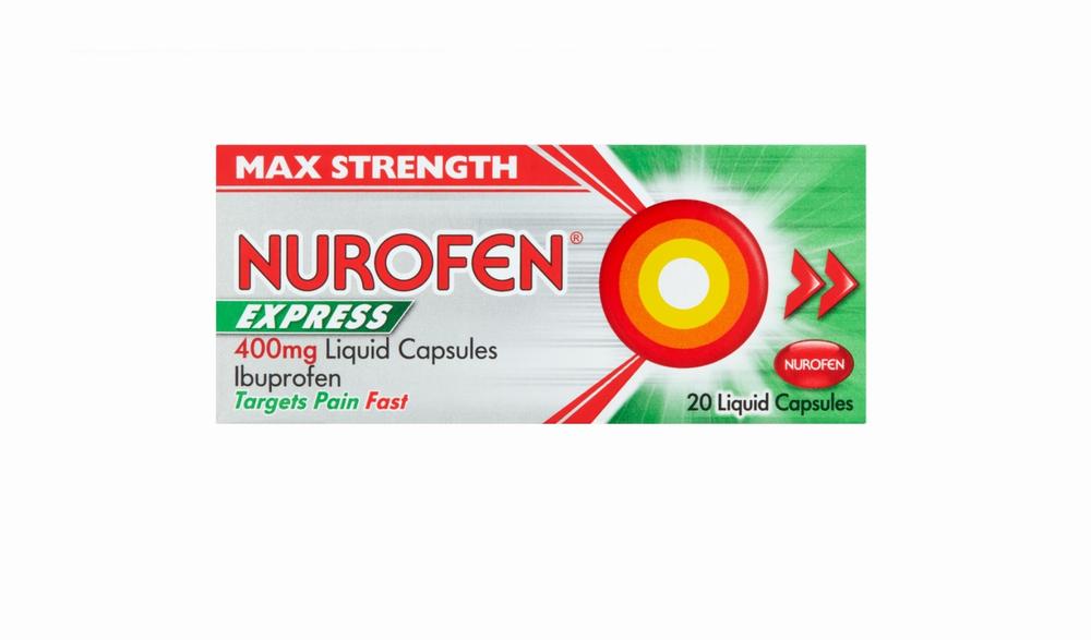 A green and red box of Nurofen Express 400mg ibuprofen liquid capsules.