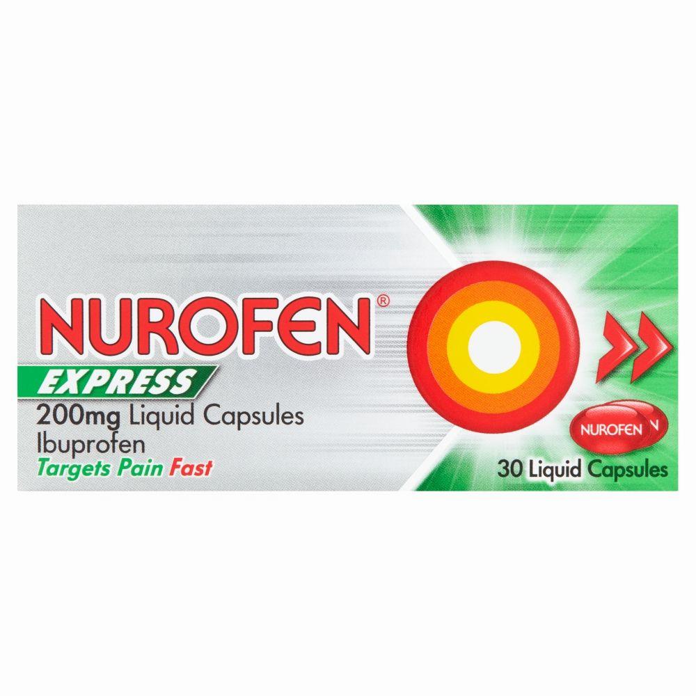 A green and white box of Nurofen Express 200mg ibuprofen liquid capsules, which targets pain fast and contains 30 liquid capsules.