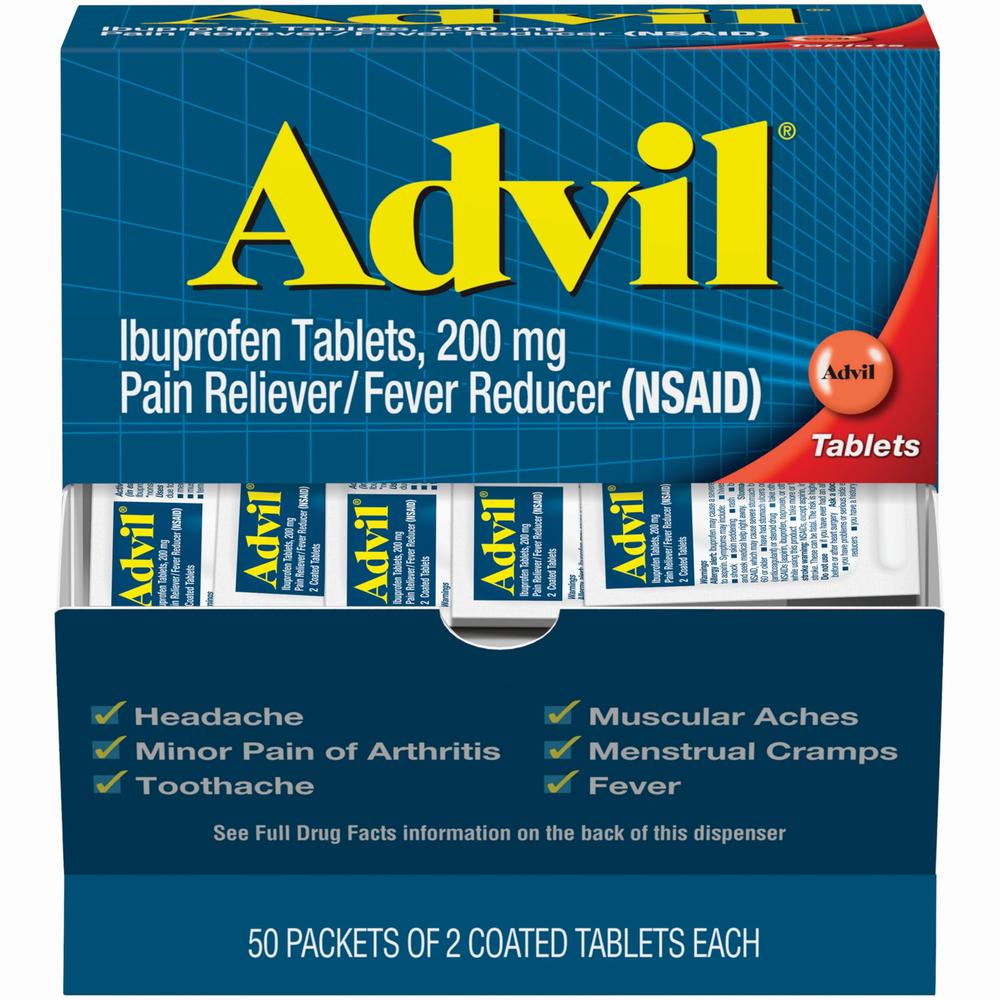 A box of Advil, which is a brand name for ibuprofen, a nonsteroidal anti-inflammatory drug (NSAID) used to reduce pain, fever, and inflammation.