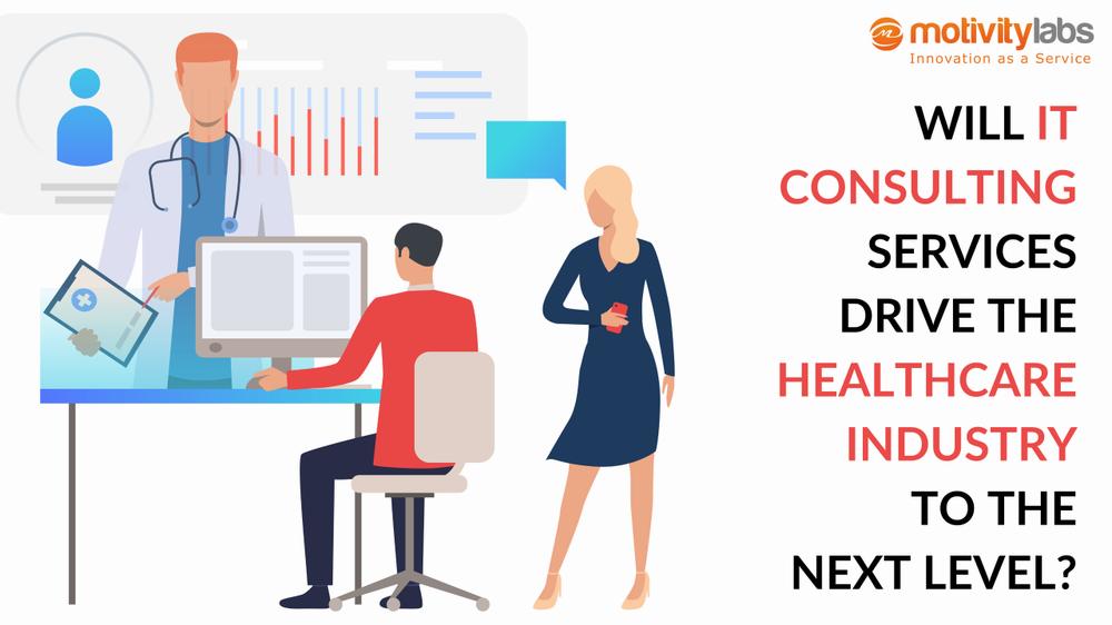 An illustration of a doctor and a patient in a consulting room, with text reading Will it consulting services drive the healthcare industry to the next level?.