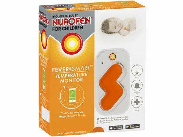 The image shows a box with a thermometer and the text Nurofen for Children FeverSmart Temperature Monitor.