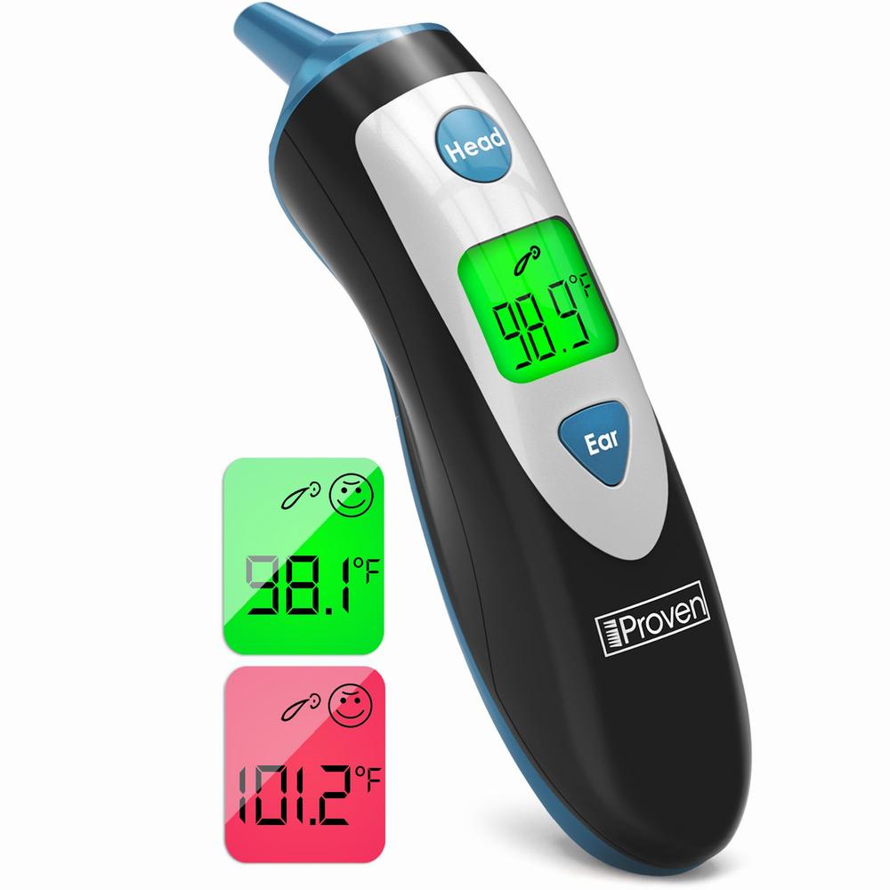 A black and blue digital thermometer that can take temperatures from the head or the ear.