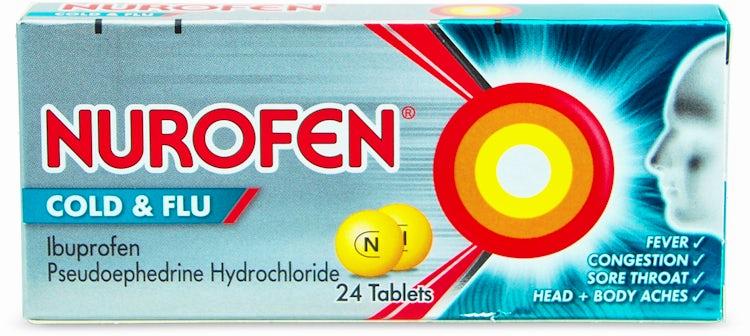 A box of Nurofen Cold and Flu tablets, a medication used to relieve the symptoms of the common cold and flu.