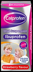 A box of Calprofen oral suspension for children 3 months and older, strawberry flavored.