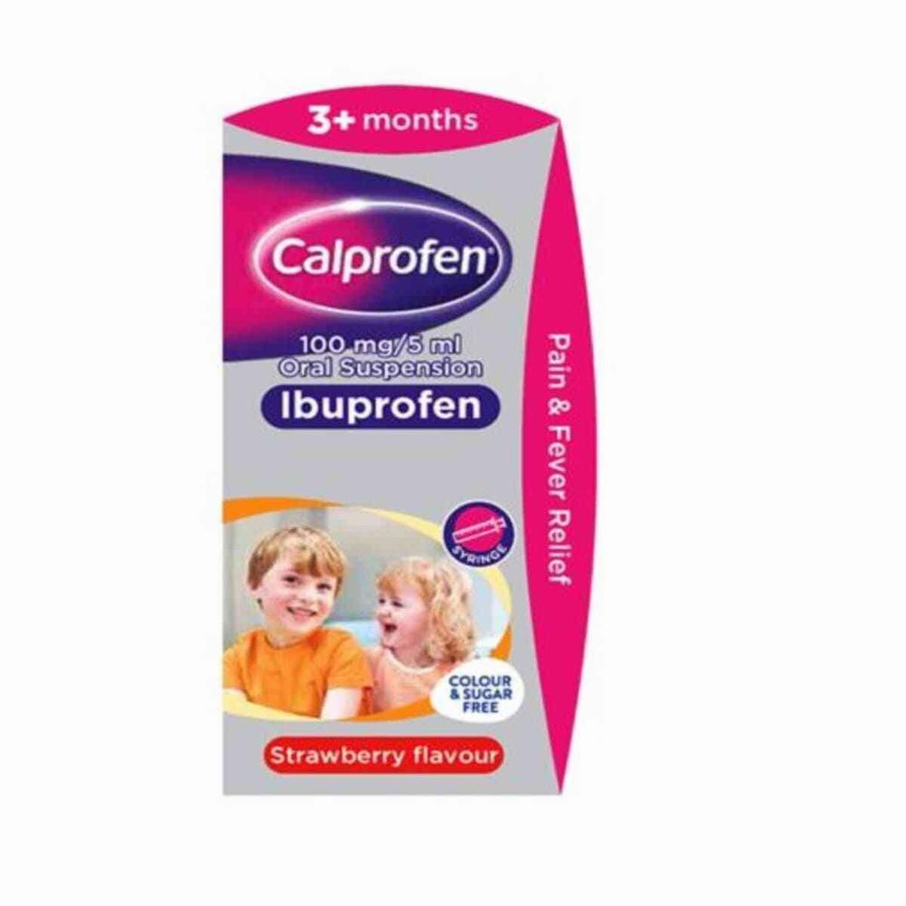 A box of Calprofen, a strawberry-flavored oral suspension of ibuprofen for pain and fever relief in children 3 months and older.