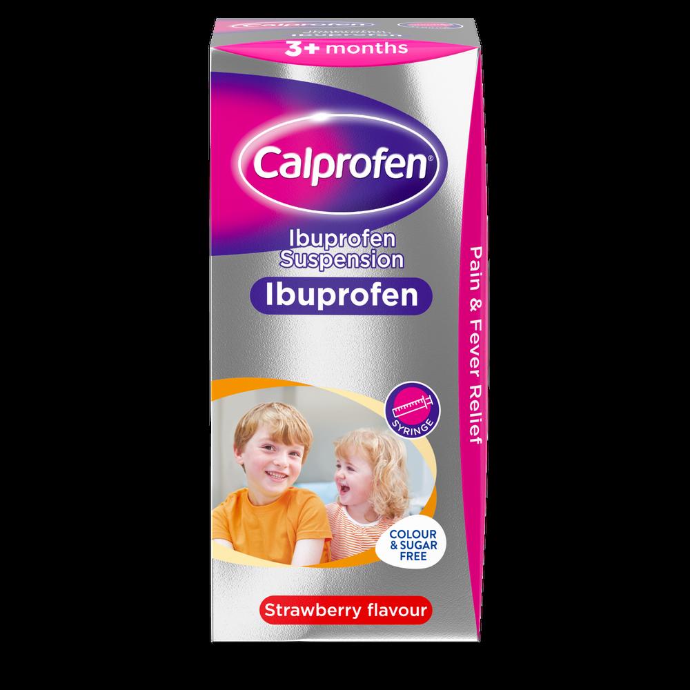 A box of Calprofen Ibuprofen Suspension for children 3 months and older, strawberry flavored, sugar free, and comes with a syringe.