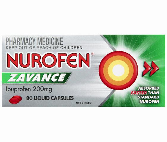 A green and white box of Nurofen Zavance, a liquid capsule containing 200mg of ibuprofen.