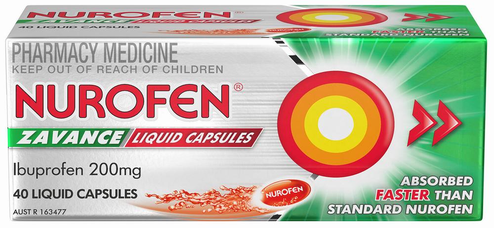 A green and white box of Nurofen Zavance Liquid Capsules, a pharmacy medicine containing 200mg of ibuprofen, 40 liquid capsules.