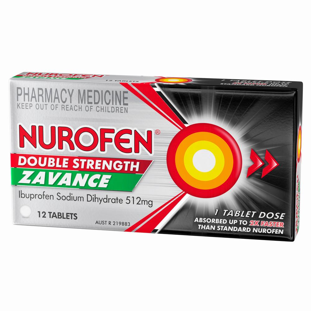 A box of Nurofen Double Strength Zavance, which contains 12 tablets of ibuprofen sodium dihydrate 512mg.
