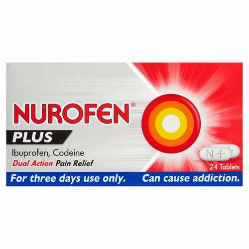 A red and white box of Nurofen Plus tablets, a medication used to relieve pain.