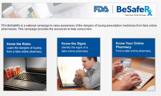 The image shows three people in front of a computer, with text reading: BeSafeRx is a national campaign to raise awareness of the dangers of buying prescription medicines from fake online pharmacies.