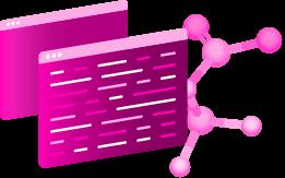 Two pink windows with lines of code and a pink molecular structure.