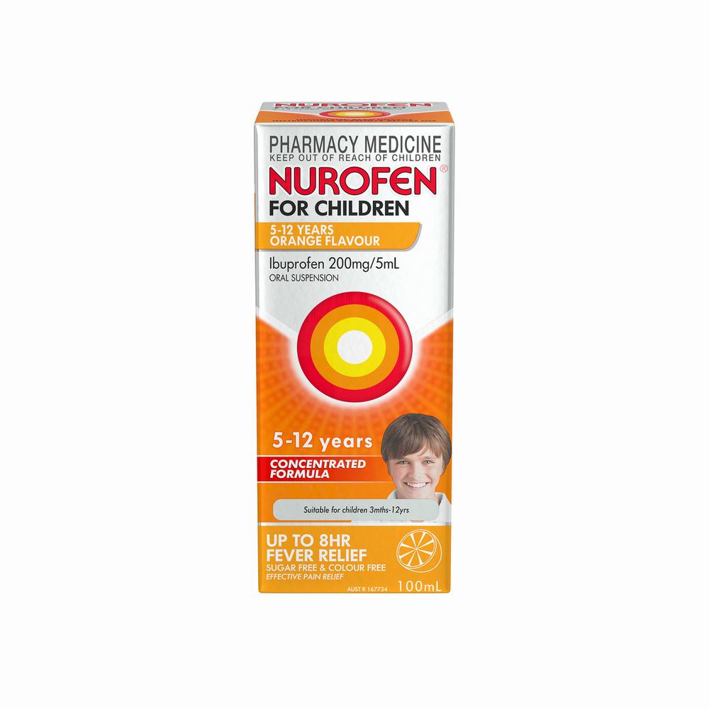 A box of Nurofen for Children, a medication for pain relief and fever reduction in children ages 5-12.