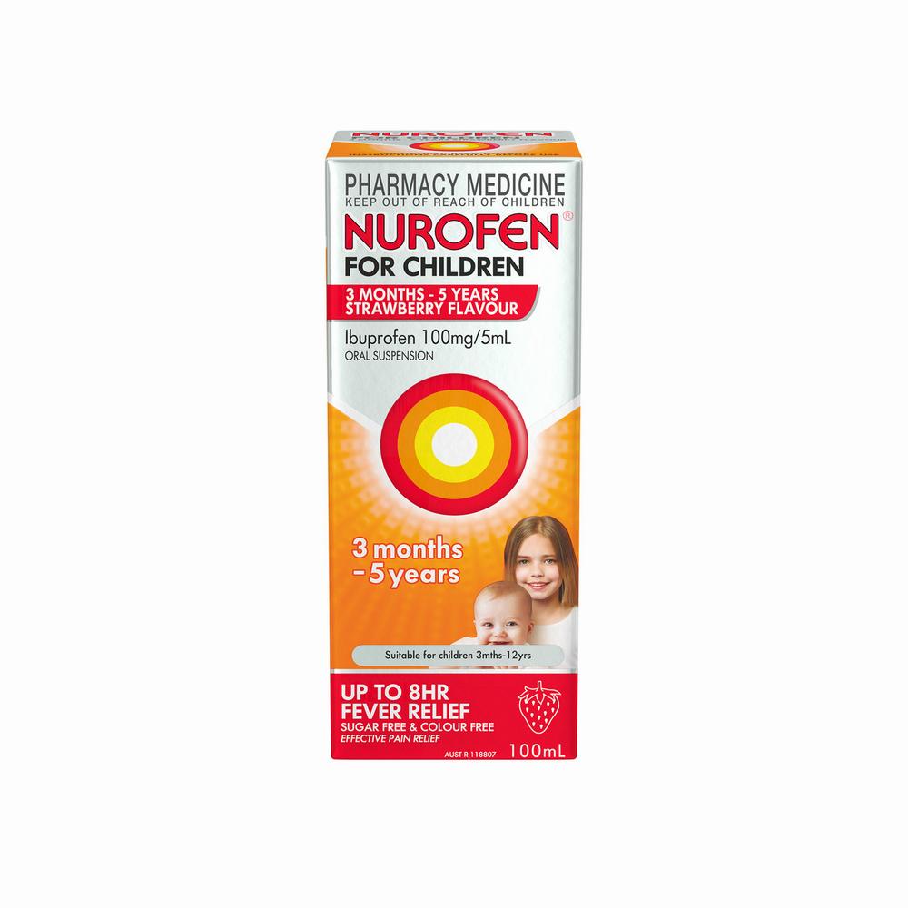 A box of Nurofen for Children, a strawberry-flavored oral suspension that provides up to 8 hours of fever relief for children aged 3 months to 5 years.