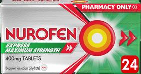 A green and red box of Nurofen Express Maximum Strength 400mg tablets, a pharmacy-only medicine.