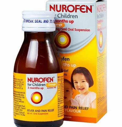 A box and bottle of Nurofen Childrens Oral Suspension, a fever and pain relief medication for children aged 3 months and up.