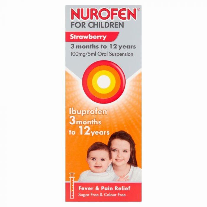 A box of Nurofen for Children, a strawberry-flavored oral suspension of ibuprofen for pain and fever relief in children aged 3 months to 12 years.
