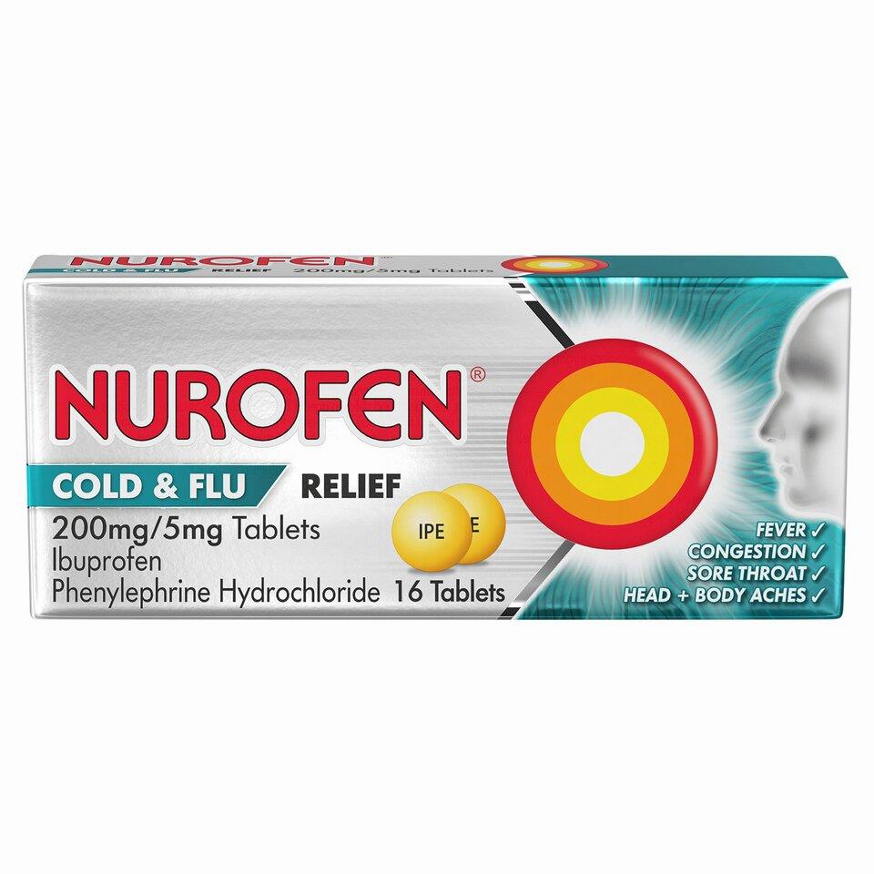 A box of Nurofen Cold and Flu tablets, which contain ibuprofen and phenylephrine hydrochloride.