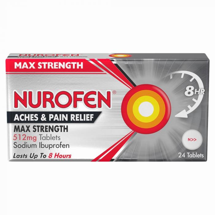 A silver box of Nurofen Max Strength tablets, a painkiller.
