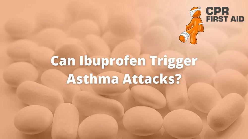Ibuprofen tablets scattered on an orange background with text overlay reading Can Ibuprofen Trigger Asthma Attacks?