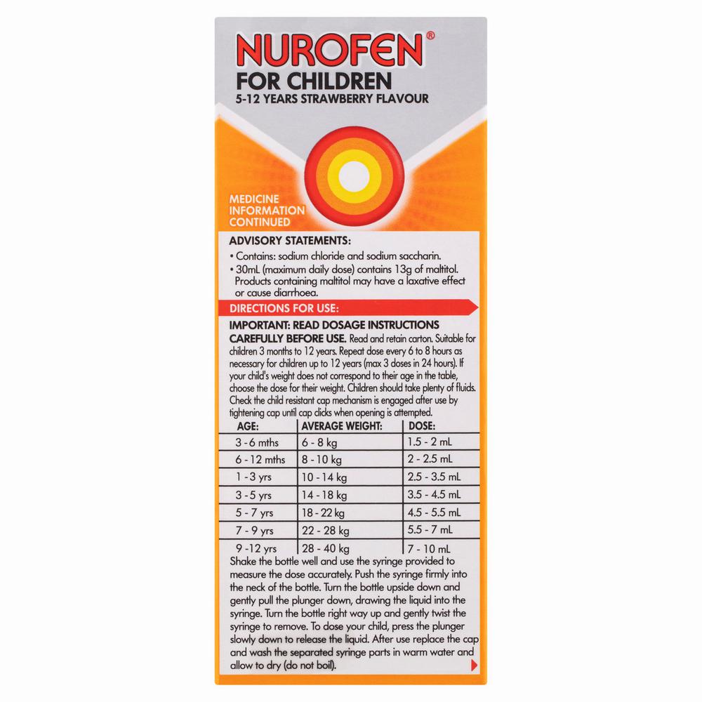 A box of Nurofen for Children, a strawberry-flavored medicine for pain relief in children ages 5-12.