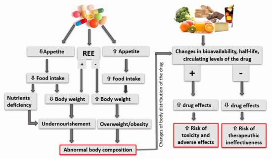 A diagram showing how food and abnormal body composition can affect drug distribution, and how this can result in changes in drug effect.